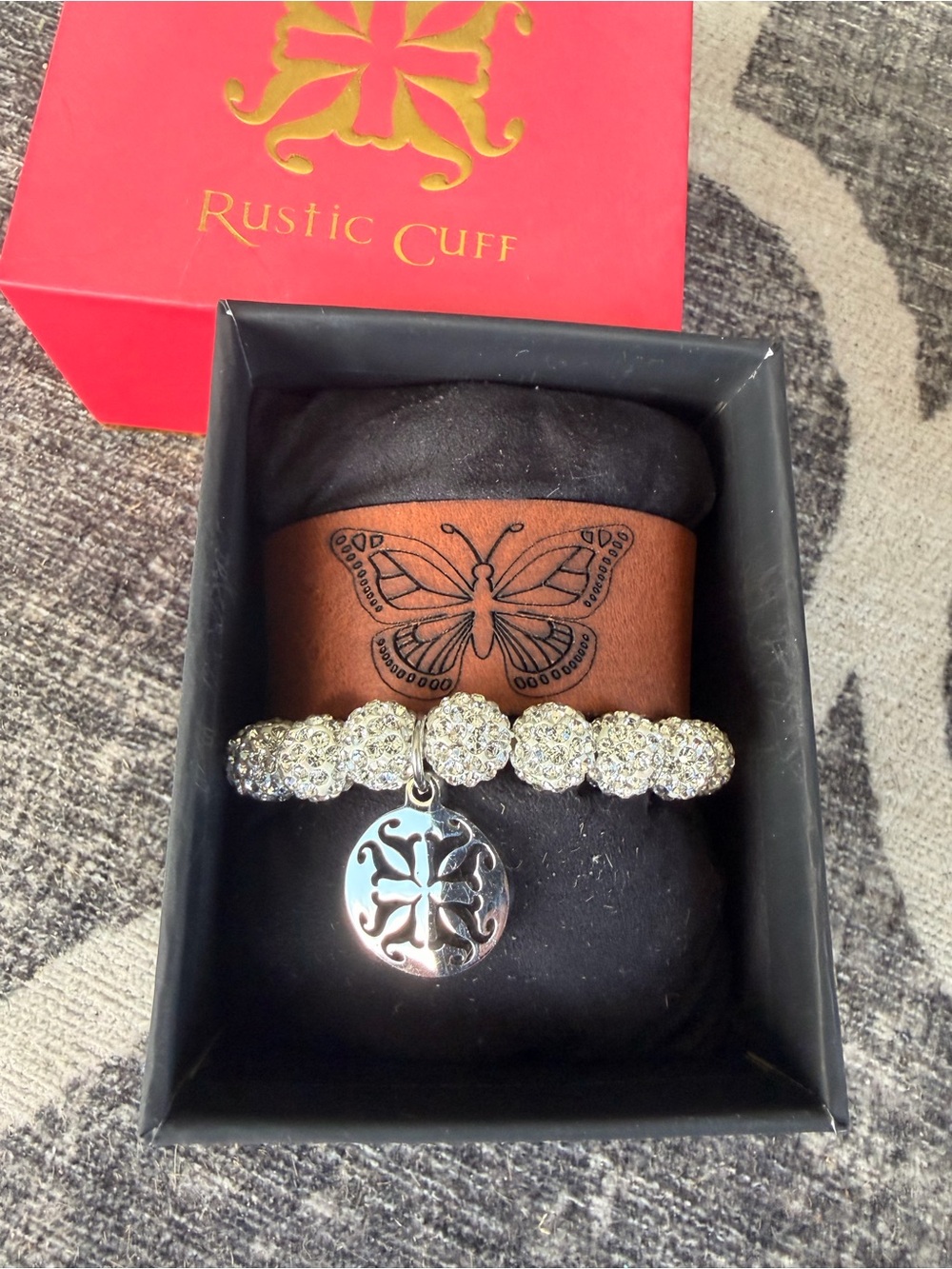 NEVER WORN Vintage Rustic Cuff Leather Cuff and Rhinestone with Logo Charm Set
